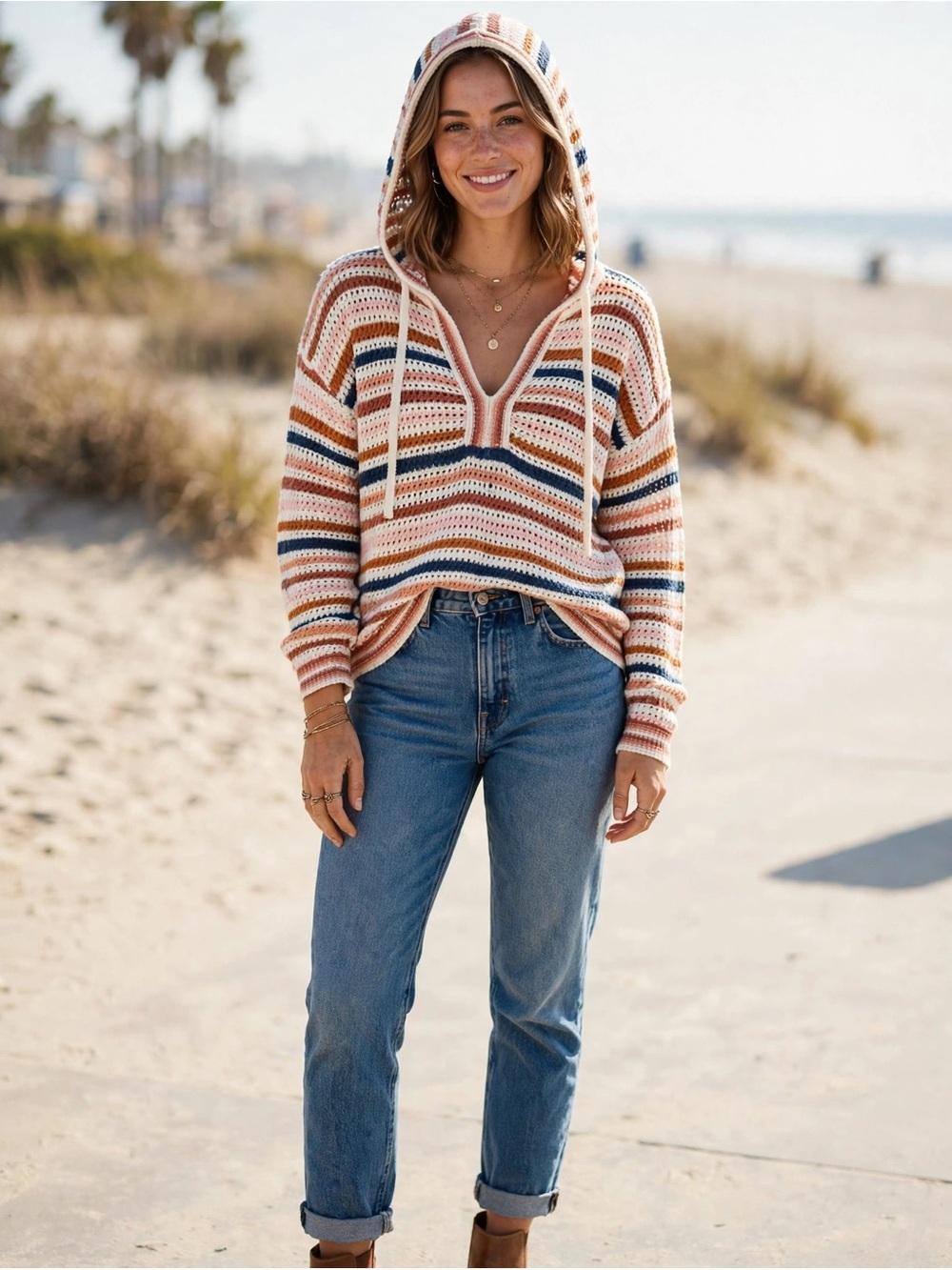 Hem & Thread Striped Hooded Knit Sweater in Pink, Navy & Cream